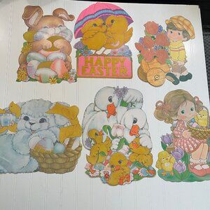 Vintage 6 Easter Flocked Cutouts Diecut Paper Cardboard Decorations Chick Bunny
